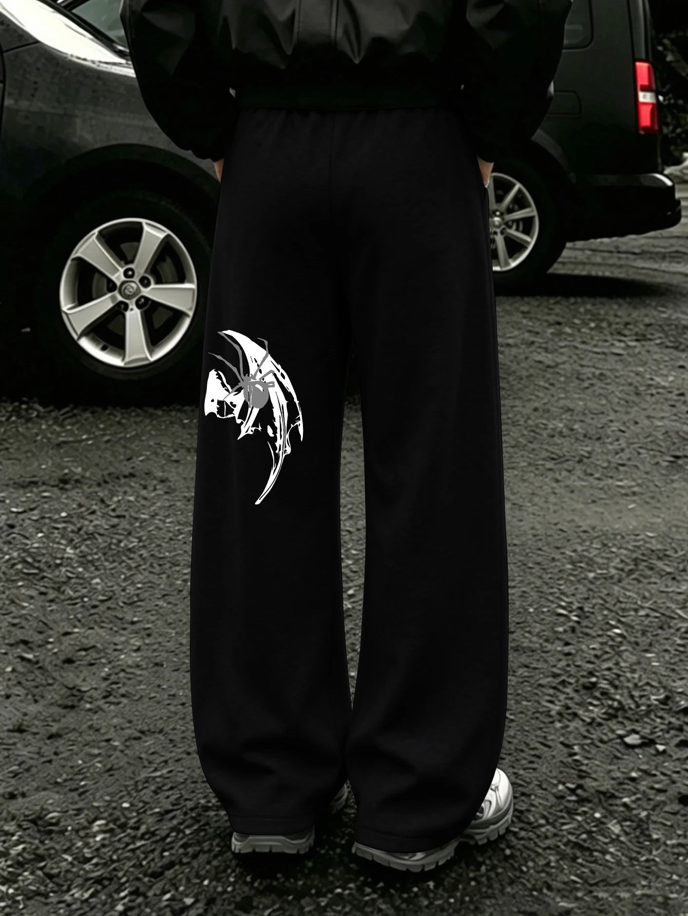 Mens Dark Gothic Spider Bat Wing Print Baggy Wide Leg Sweat Pants Loose Straight Drawstring Hip Hop Street Joggers