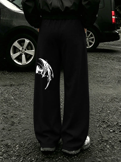 Mens Dark Gothic Spider Bat Wing Print Baggy Wide Leg Sweat Pants Loose Straight Drawstring Hip Hop Street Joggers