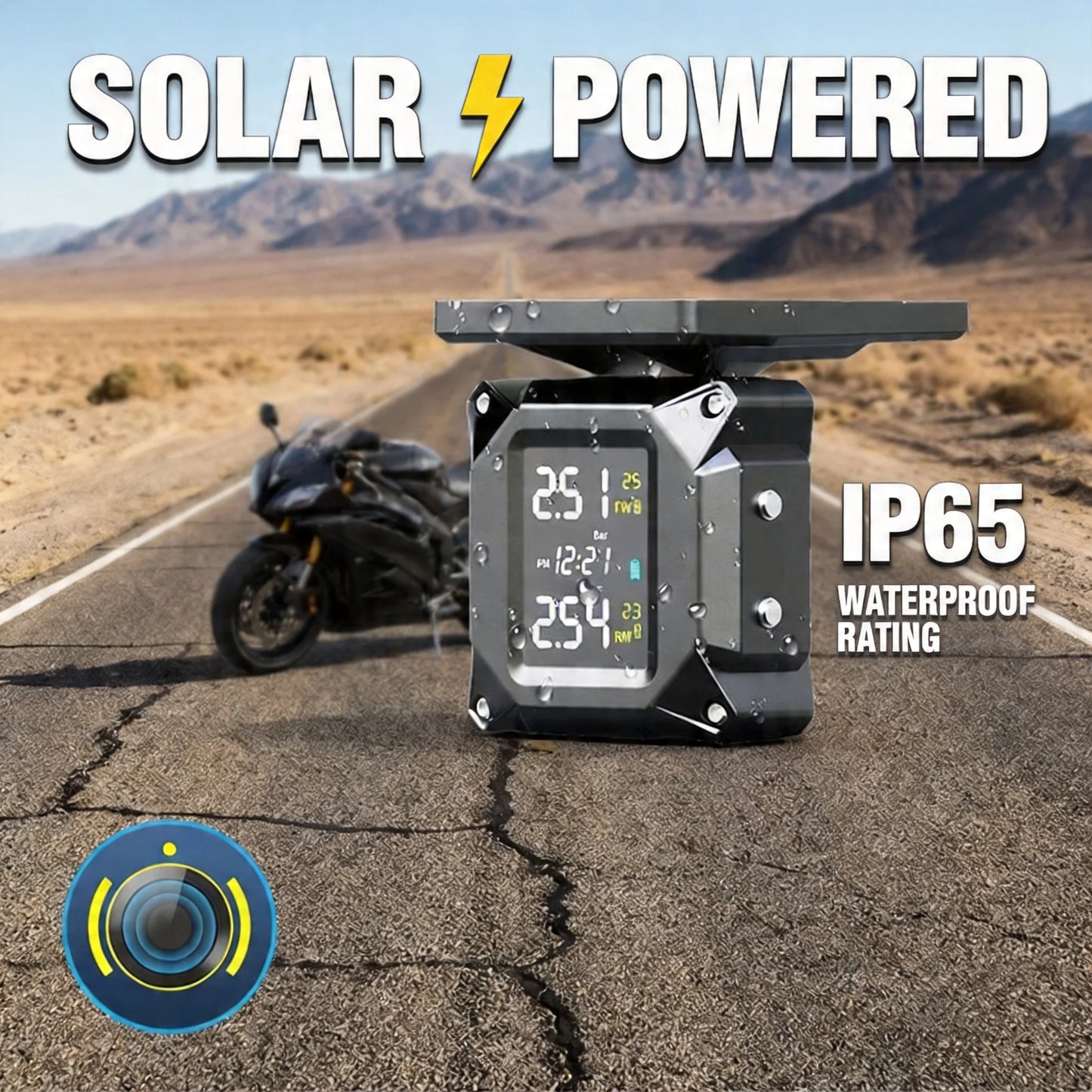 Waterproof Motorcycle TPMS, Solar & Magnetic Charging Tire Pressure Monitor System with 2 External Sensors & HD LED Display
