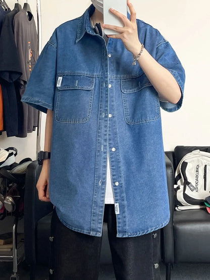Workwear style denim short sleeved shirt with women's doubles pockets, loose and slimming  versatile daily top