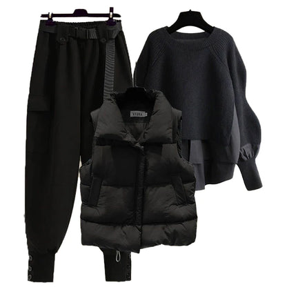 plus Size Autumn Professional Knitted Three Piece Set Slimming Cotton Vest Sweater Workwear Pants for Women Casual Style