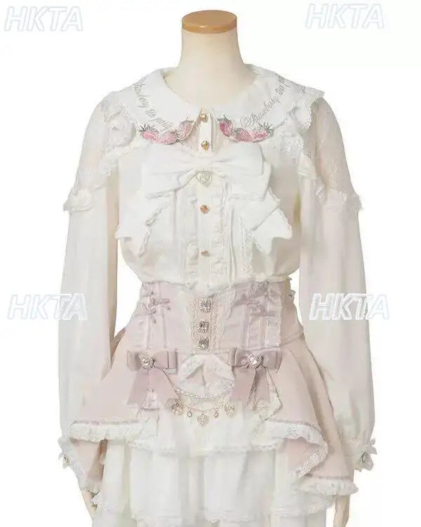 Japanese Mass Produced New Sweet Doll Collar Lolita Strawberry White Shirt Female 2026 Spring Pleated Lace Bow Blouses Top Women