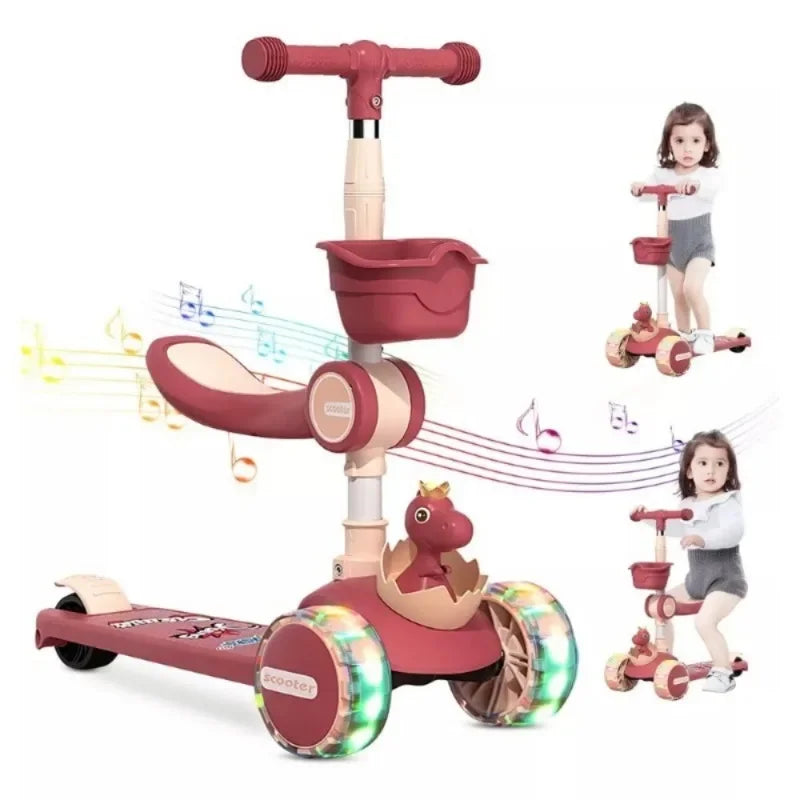 3-in-1 Kids Kick Scooter with Adjustable Height Handlebars & Removable Seat LED Lights Music for Boys Girls Outdoor Riding Toys