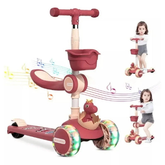 3-in-1 Kids Kick Scooter with Adjustable Height Handlebars & Removable Seat LED Lights Music for Boys Girls Outdoor Riding Toys