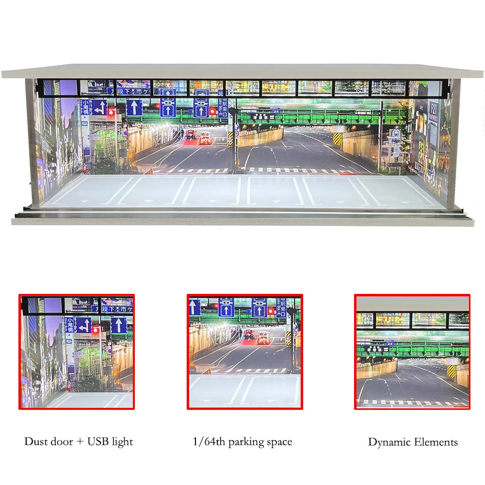 1/64 Scale Diecast Car Garage Diorama Model Miniature Case LED Light Parking Garage Diorama Kit for Collectible Cars Model