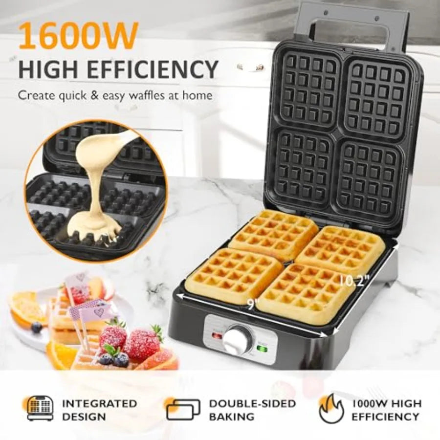 4 Slices Electric Waffle Maker with Adjustable Temperature Control Nonstick Coating Silver Indicator Light Easy to Clean Ideal