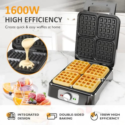4 Slices Electric Waffle Maker with Adjustable Temperature Control Nonstick Coating Silver Indicator Light Easy to Clean Ideal