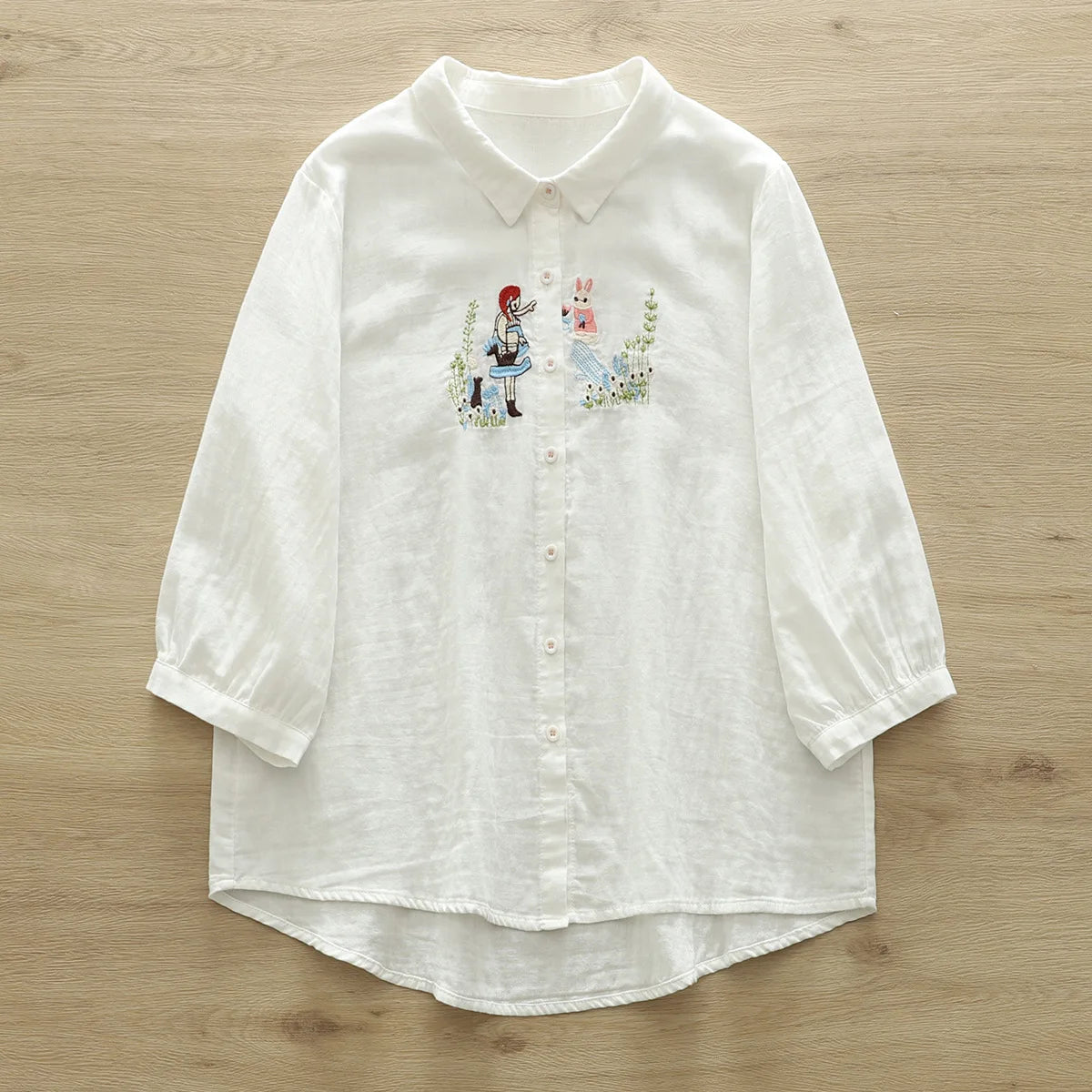 Women's blouses trend 2026 loose cotton yarn white cartoon girl embroider shirts and blouses Japan style 3/4 sleeves top