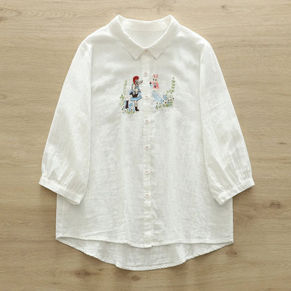 Women's blouses trend 2026 loose cotton yarn white cartoon girl embroider shirts and blouses Japan style 3/4 sleeves top