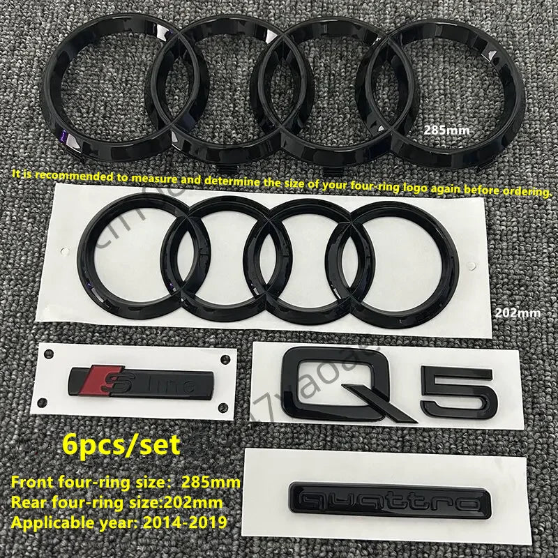 6/5Pcs 4Ring ABS Car Hood Front Grill Rear Trunk Emblem Stickers For Audi A3 A4 A5 A6 A7 Q2 Q3 Q5 Q8 S3 S4 S5 S6 RS3 RS4 RS5 RS6