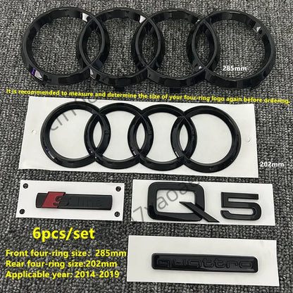 6/5Pcs 4Ring ABS Car Hood Front Grill Rear Trunk Emblem Stickers For Audi A3 A4 A5 A6 A7 Q2 Q3 Q5 Q8 S3 S4 S5 S6 RS3 RS4 RS5 RS6