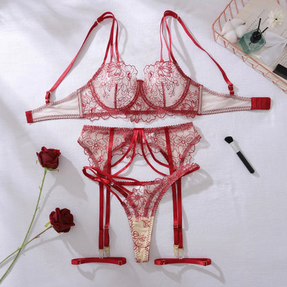 Sexy Fashion Exotic Costumes Lace Mesh see-through Erotic Hollowed Out Temptation Luxury Ladies Underwear Panty four-piece Set