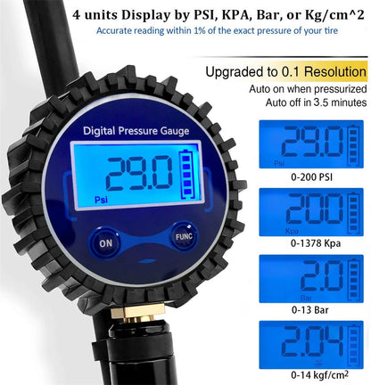 250PSI Digital Tire Pressure Inflator Gauge Aluminum Alloy Tire Pressure Gauge Air Line Clip-on Tyre for Motorcycle Bicycle Auto