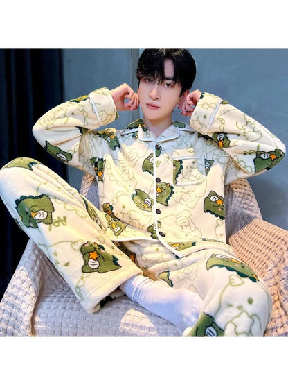 Winter Thickened Coral Fleece Sleepwear Men's Set Fleece Lined Long Sleeve Flannel Home Clothes Loose Fit New 2026 Style