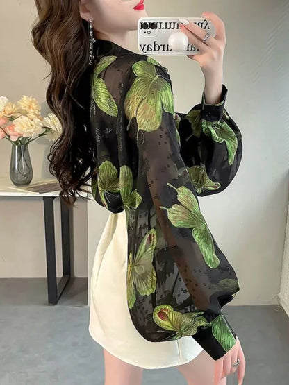 Elegant Ladylike  Print Loose Lantern Sleeve Chiffon Shirt  Collar Long Sleeve Regular Fit Commute Style Women's...