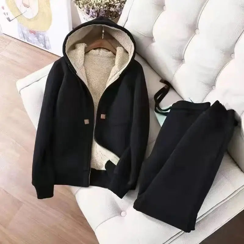 Thickened Fleece Winter Sportswear Set Women's Long Sleeve Hoodie Jacket And Pants Casual Slimming Pure Color Trendy Short Coat