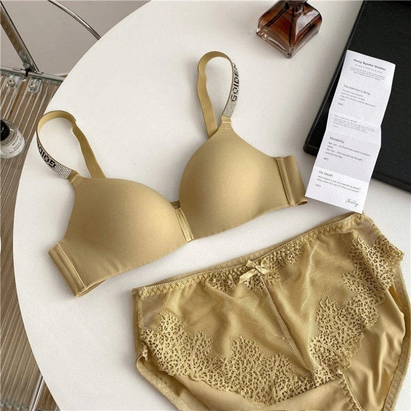 Hot Sale Sexy Letter Rhinestone Strap Bra Set Seamless Thin Summer Light Push Up Anti Sagging Comfortable Women Lingerie Set