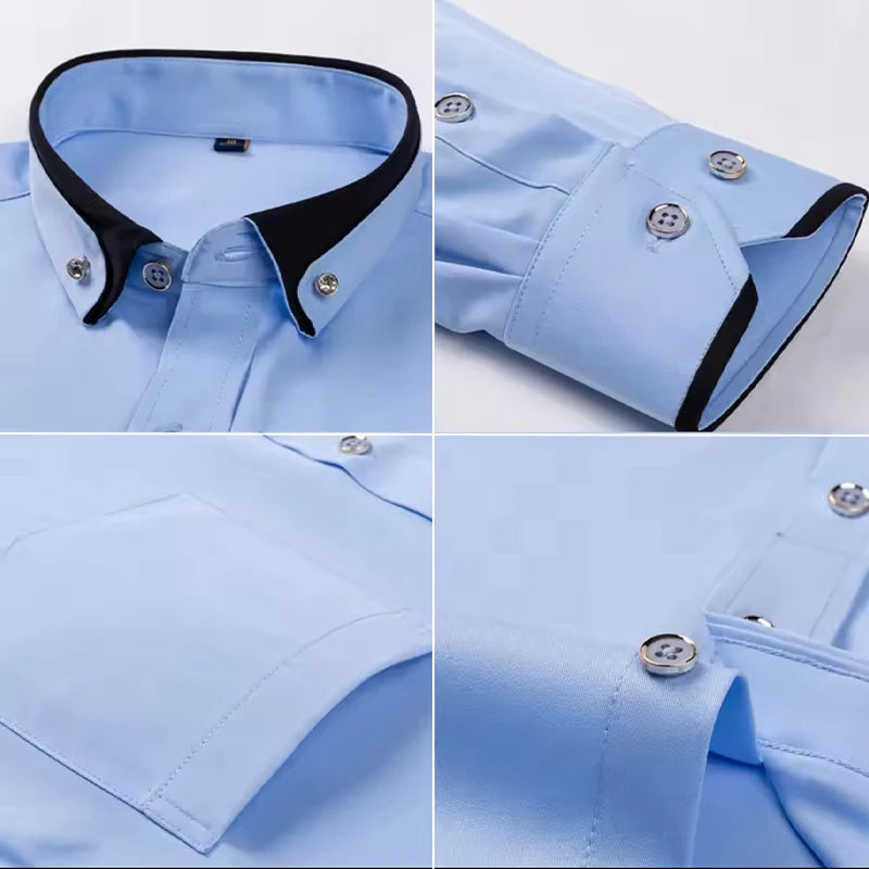 Fashion Color Contrast Men's Elastic Non-iron Long-sleeved Business Shirts Diamond Button Single Pocket Comfort Workwear Clothes