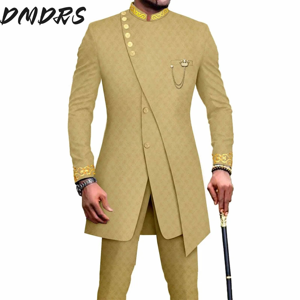 Elegant African National Printing Batik Men's Casual 2PCS Suit For Wedding Dinner Event Suit terno masculinos complete costume