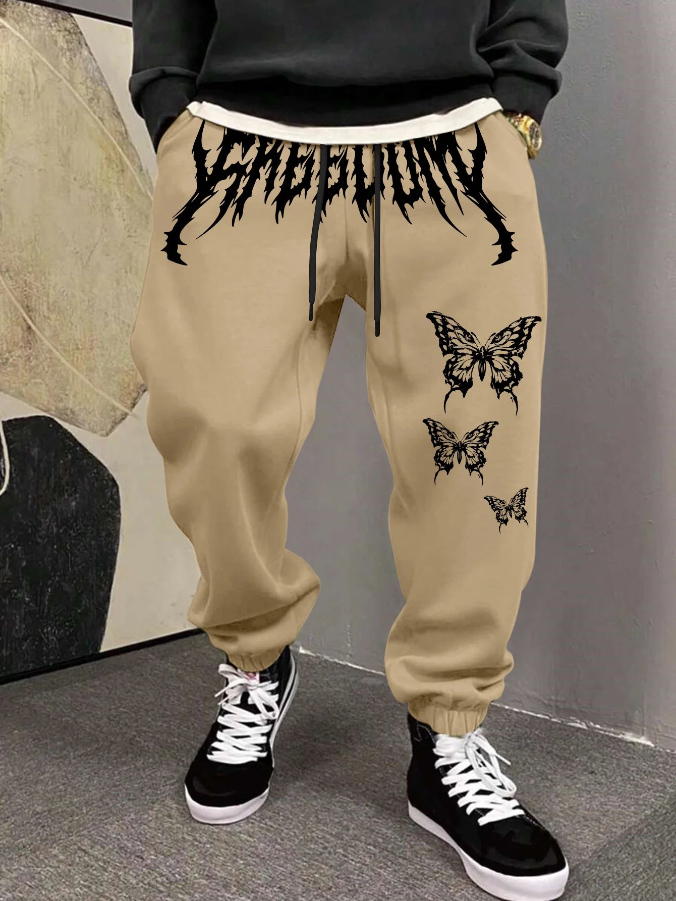 Men's Aesthetic Dark Gothic Butterfly Art Print Sweatpants Elastic Waist Joggers Cozy Goth Daily Street Fashion Bottoms