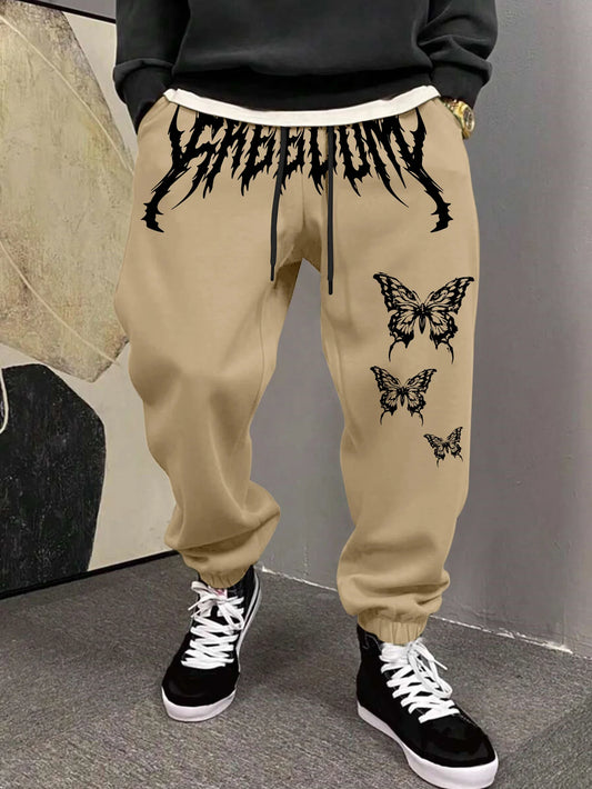 Men's Aesthetic Dark Gothic Butterfly Art Print Sweatpants Elastic Waist Joggers Cozy Goth Daily Street Fashion Bottoms
