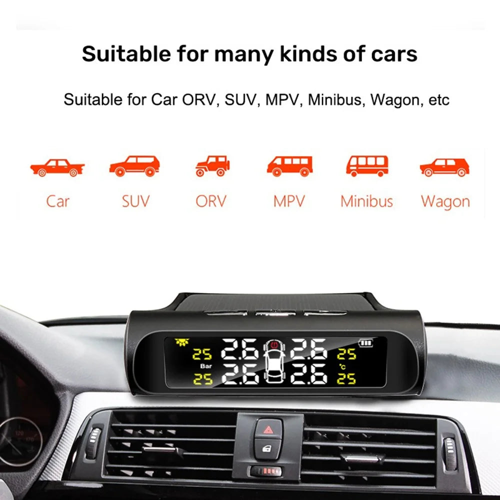 Solar Car TPMS, LCD Display Tire Pressure Monitor with USB Charging, External/Internal Sensor, Auto Alarm, Digital TPMS for Car