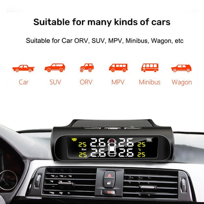 Solar Car TPMS, LCD Display Tire Pressure Monitor with USB Charging, External/Internal Sensor, Auto Alarm, Digital TPMS for Car