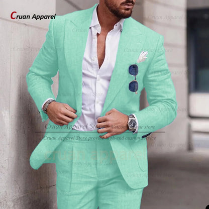 Fashion Sky Blue Linen Suit Set For Male Casual Party Fashion Blazer Pants 2Pieces Wedding Groomsman Formal Peaked Lapel Outfits