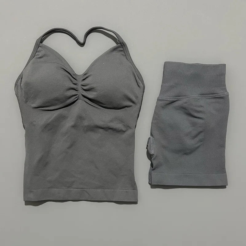 HISTELLO 2 Pieces Sports Set Women Yoga Longline Strap Top Scrunch Seamless Shorts Sport Gym Set Sportswear Workout Fitness Set