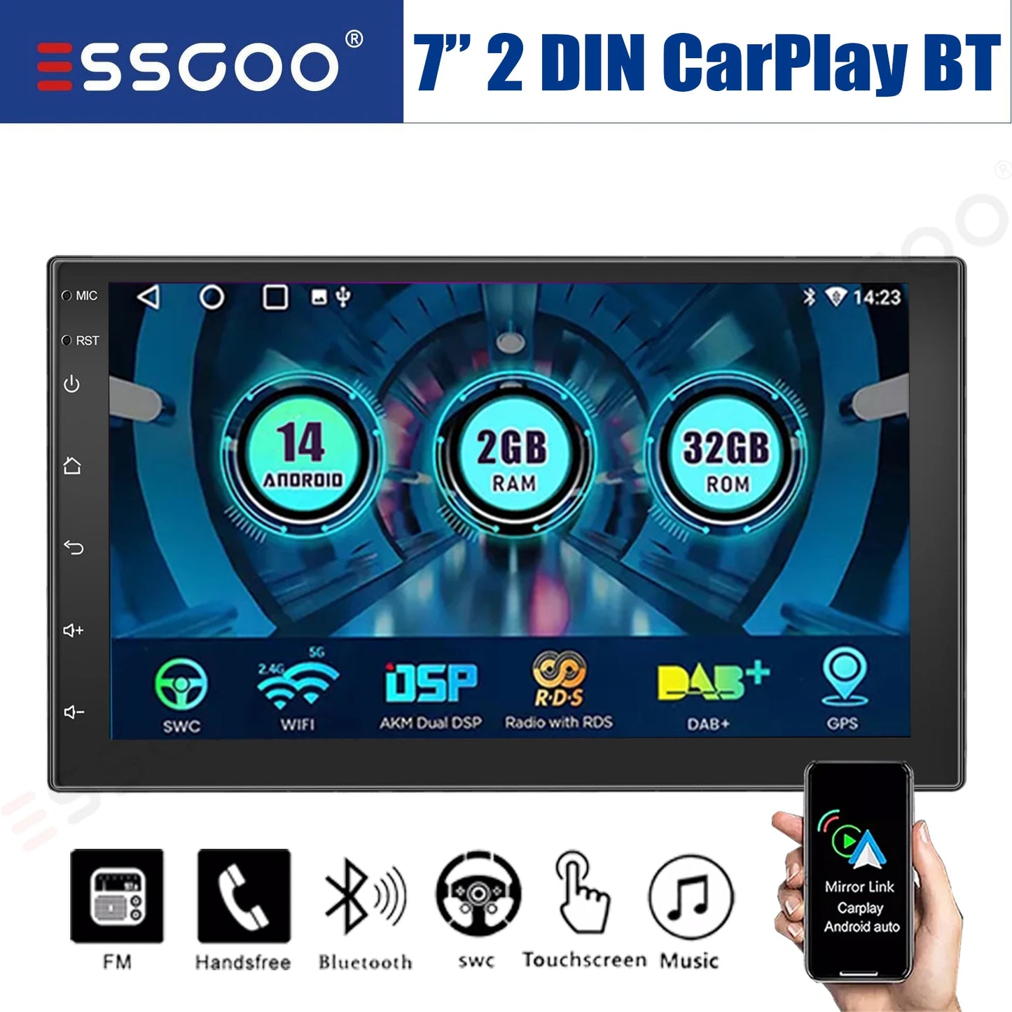 ESSGOO 7" Car Stereo Radio Double 2DIN Android 14 CarPlay Touch Screen 4+64G GPS Navigation Wifi FM/RDS Bluetooth SWC DVR&Camera
