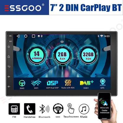 ESSGOO 7" Car Stereo Radio Double 2DIN Android 14 CarPlay Touch Screen 4+64G GPS Navigation Wifi FM/RDS Bluetooth SWC DVR&Camera