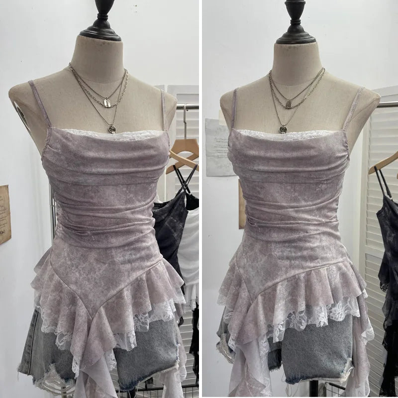 ISAROSE Summer Y2K Camisole for Women Casual Spaghetti Straps Double Layers Lace Stretch Mesh Patchwork Asymmetrical Slim Tops