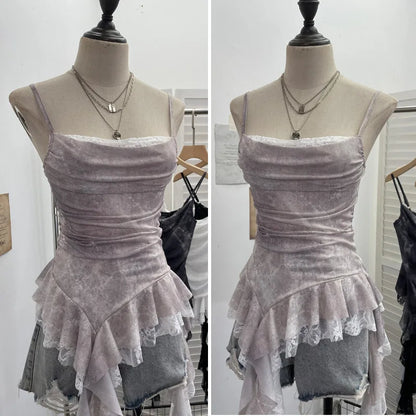 ISAROSE Summer Y2K Camisole for Women Casual Spaghetti Straps Double Layers Lace Stretch Mesh Patchwork Asymmetrical Slim Tops