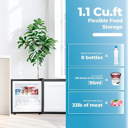 1.1 Cu.ft Mini Upright Freezer, 7-Level Thermostat, Removable Shelves, Reversible Door for Home/Dorm/Apartment