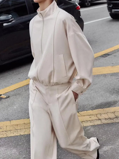 Women's Pilot Jacket Coat High Waist Commute Line Decor Straight Leg Pants Two Piece Set Long Sleeve Stand Collar Jacket