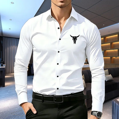 1PC Men's Premium Business Casual Shirt with Sport Logo Print Long Sleeve Slim Fit Wrinkle Resistant Formal Office Daily Shirt