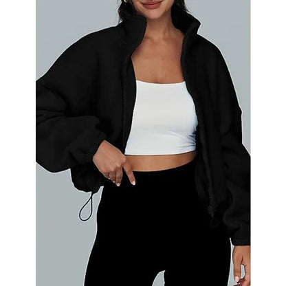 New Fashion Fall Winter Women's Short Zipper Hoodie Cropped Sweatshirt Drawstring Waist Puff Sleeve Pullover Y2k Clothing