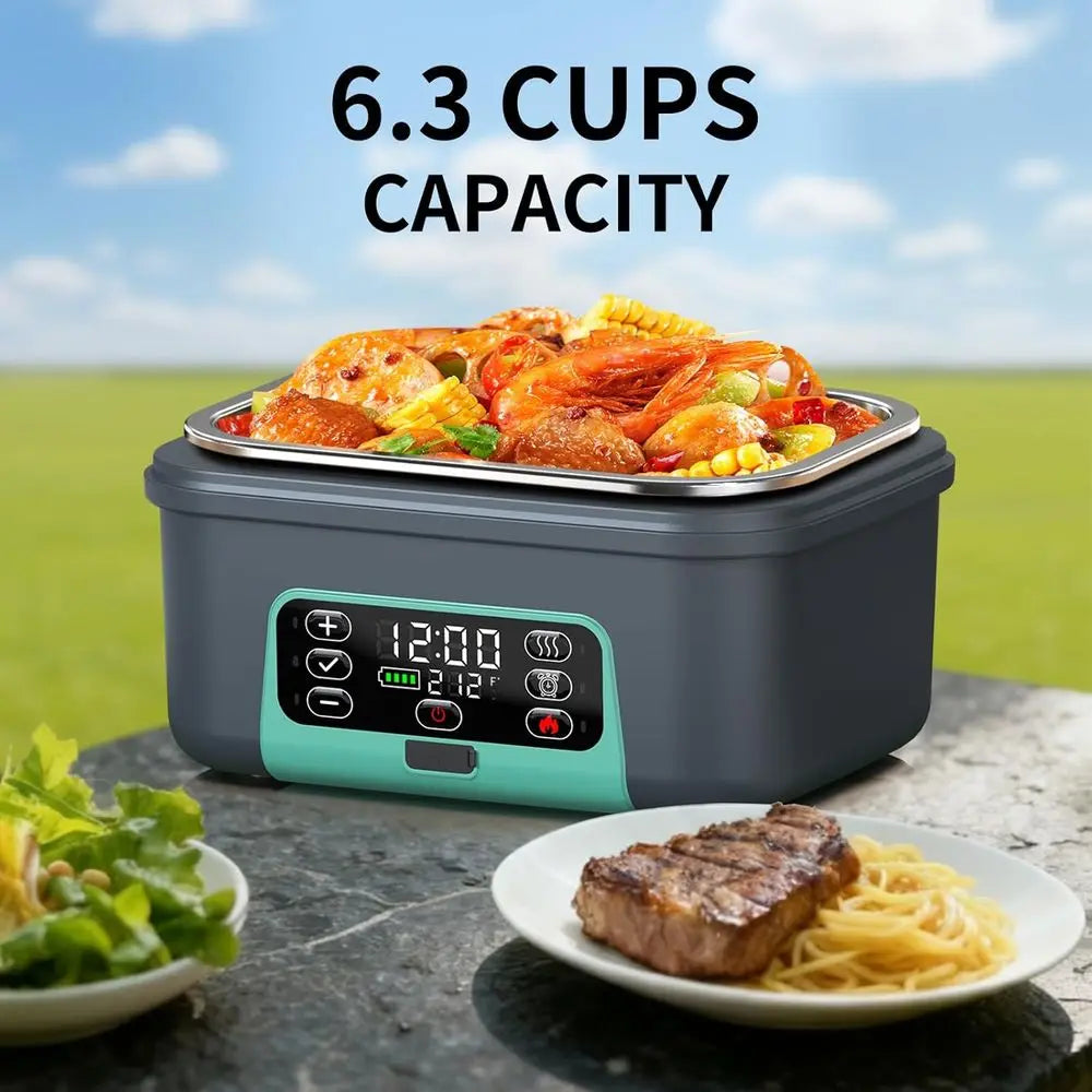 Portable 1.5L Electric Lunch Box - 6.3 Cups, 100W Rechargeable, Smart Heating Food Warmer with Removable Divider, Spoon, BPA-Fre