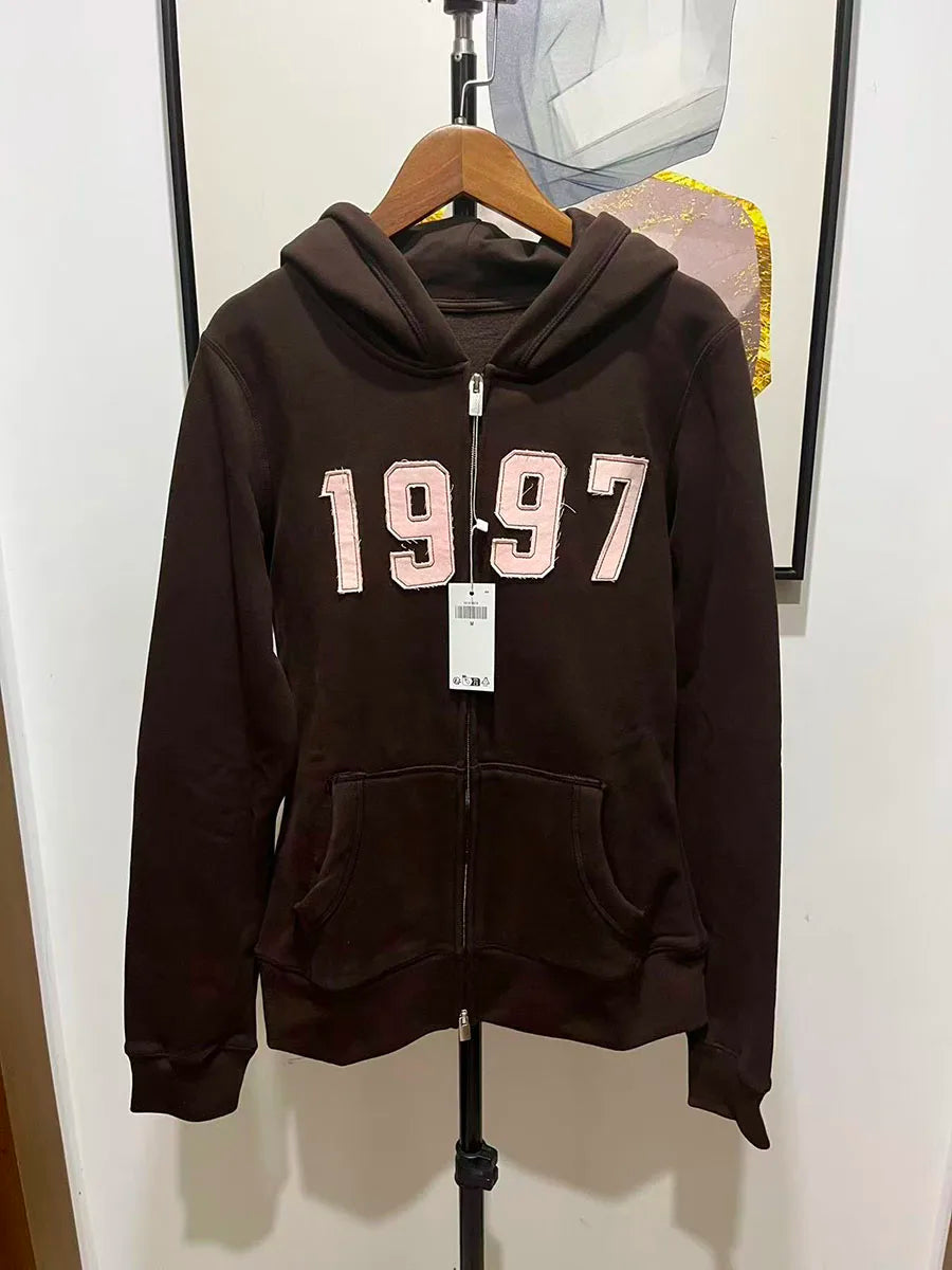 1977 Letter Embroidery Slim Zip-up Hoodies Women Autumn Long Sleeve Zipper Sweatshirts Sweet Vintage Casual Athletic Outerwear