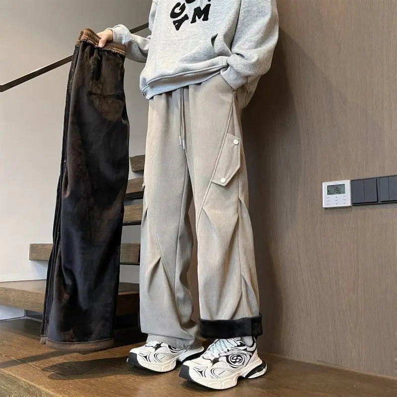 Loose Straight Men’s Cargo Pants Grey Green Wrinkle Effect Corduroy Winter Sporty Joggers Casual High Street Look Outdoor Wear