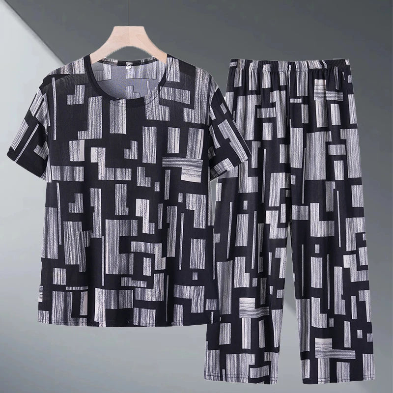 Ice Silk Two-Piece Set for Mom Summer Casual Short Sleeve Large Size Elderly Women's Fashionable Stripe And Plaid Ensemble