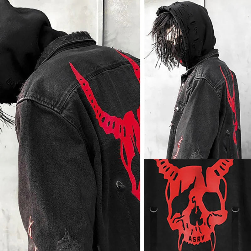Skull Printing Denim Jacket Mens Harajuku Gothic Coats Vintage Halloween Clothes Spring Autumn Lightweight High Street Jacket