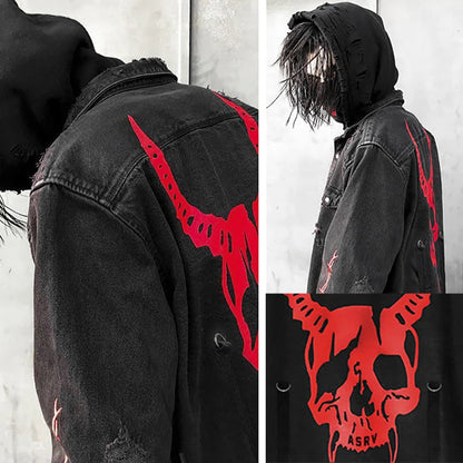Skull Printing Denim Jacket Mens Harajuku Gothic Coats Vintage Halloween Clothes Spring Autumn Lightweight High Street Jacket