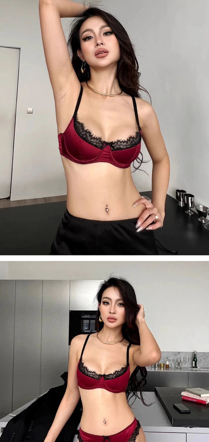 Luxury Satin Lace Lingerie Set Breathable Thin Cotton Cups Underwire Push Up Bra And Thong Sexy Women Underwear for Small Chest