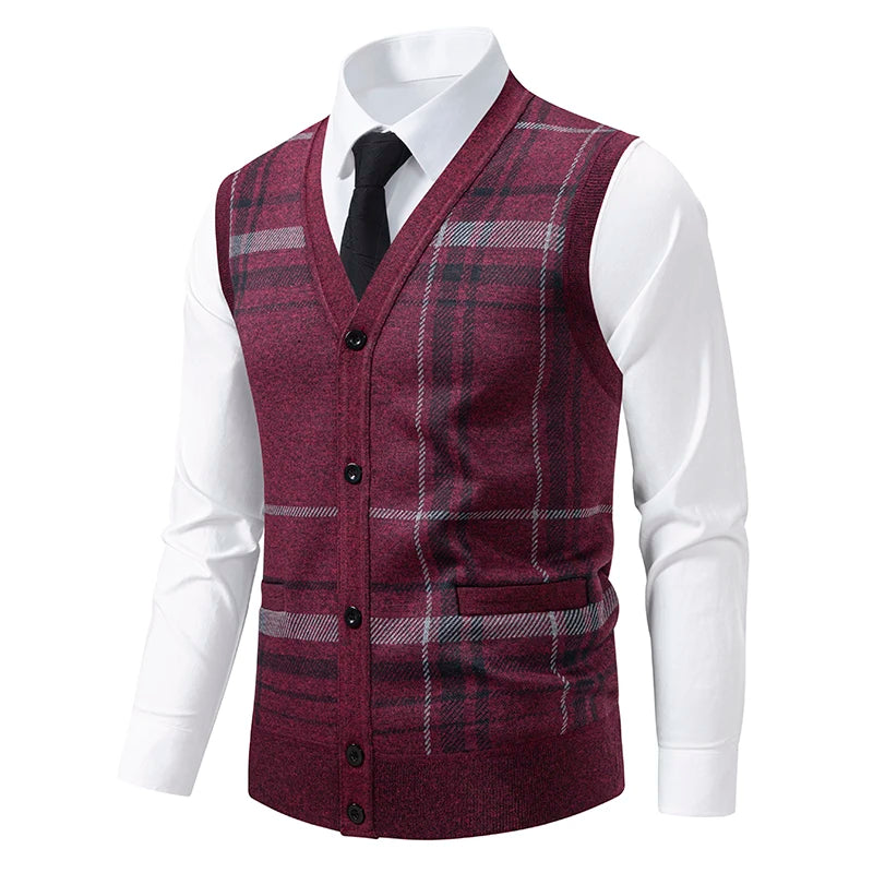 Men's V-Neck Sleeveless Vest Knitted Button Cardigan Geometric Waistcoat Autumn Winter Fleece Lined Knit Vests