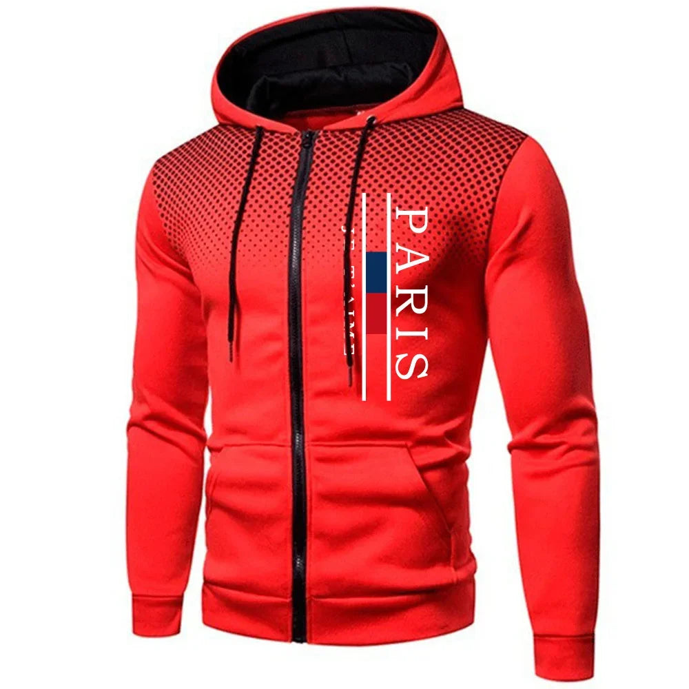 Paris Printing Mens Jackets Casual Zipper Hooded Coat Outdoors Sports Jogging Mens Clothing Autumn Winter Round Dot Sweatshirts