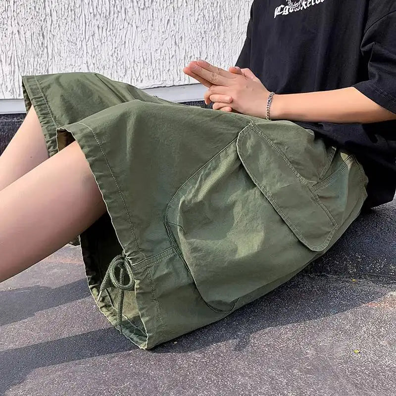 Man Casual Cropped Pants 2026 Summer Men's American Vintage Cargo Shorts Big Pockets Drawstring High Street Loose Wide Leg Pants