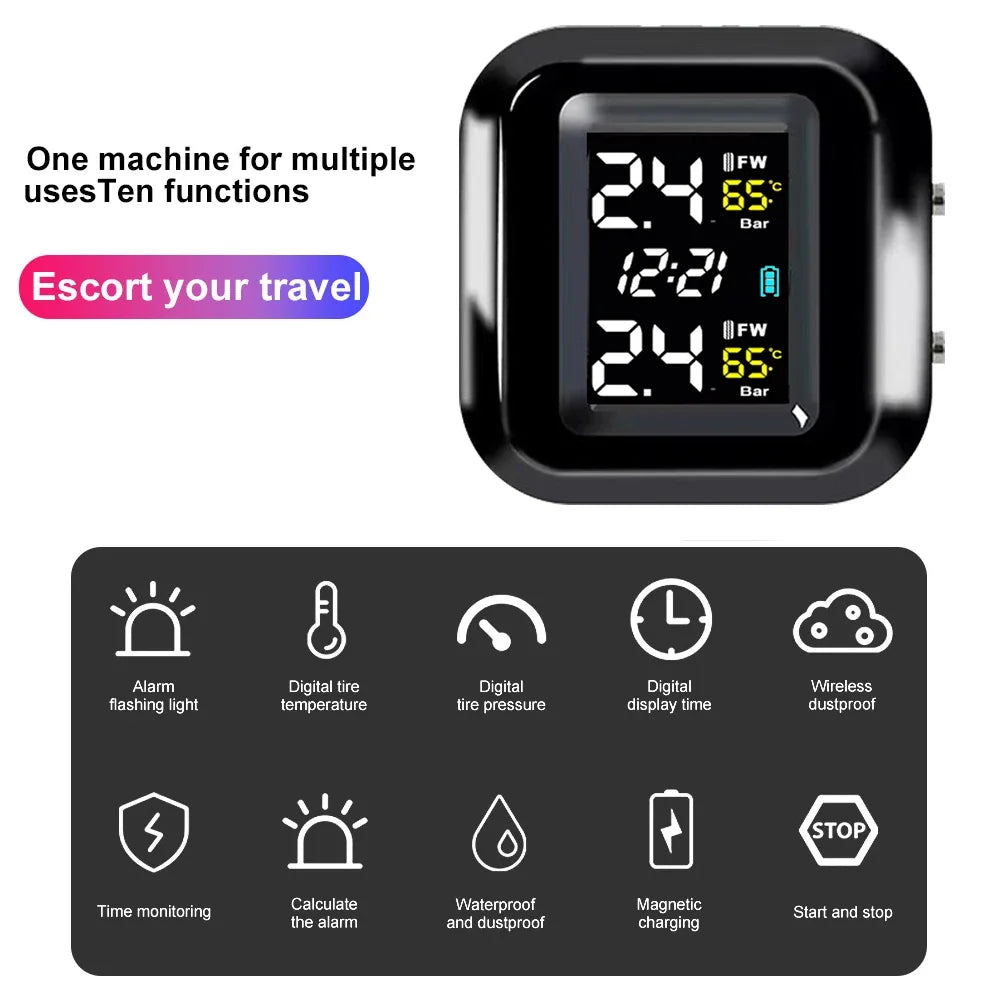 Motorcycle Tire Pressure Monitor Digital Display External Motorcycle Wireless Tire Pressure Detector With 2 External Sensors