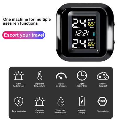 Motorcycle Tire Pressure Monitor Digital Display External Motorcycle Wireless Tire Pressure Detector With 2 External Sensors