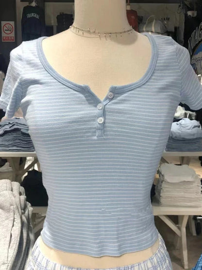 Pink Striped Slim Buttons T-shirts Women New Cotton O-neck Casual Simple Basic Short Sleeve Tees Sweet Cute Girls Tshirt Y2K Top
